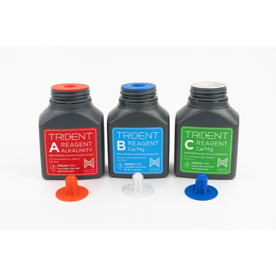 Apex Neptune Trident accessories including custom 3D-printed Rocky Reefs reagent bottle lids in red, blue, and silver.