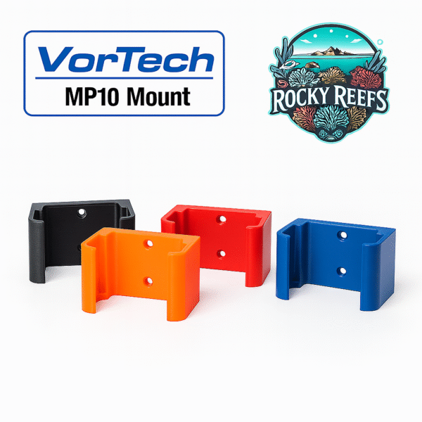Ecotech Vortech MP10 mounting brackets in black, blue, orange, and red by Rocky Reefs