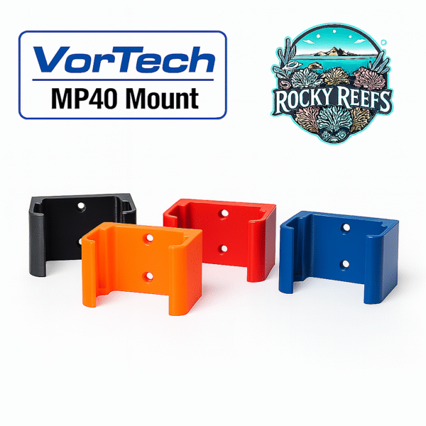 Ecotech Vortech MP40 mounting brackets in black, red, orange, and blue by Rocky Reefs